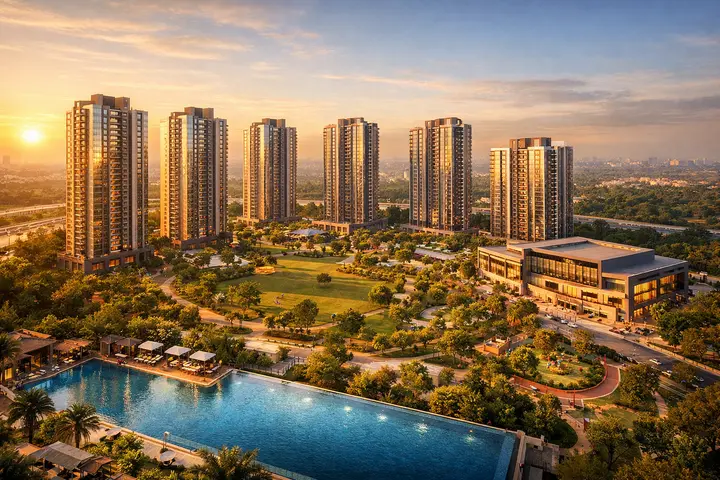 Godrej Aveline aerial view of the 10-acre apartment community with 9 residential towers around a central amenity park Godrej Aveline aerial view of the 10-acre apartment community with 9 residential towers around a central amenity park
