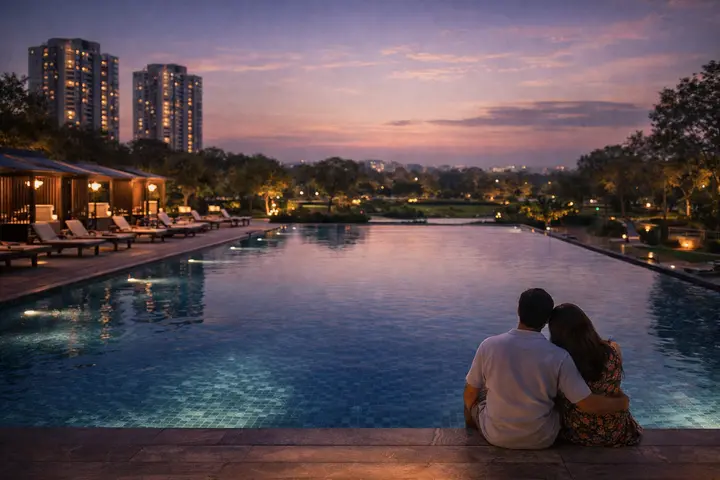 Godrej Aveline infinity swimming pool at evening - central amenity deck with leisure pool zones Godrej Aveline infinity swimming pool at evening - central amenity deck with leisure pool zones